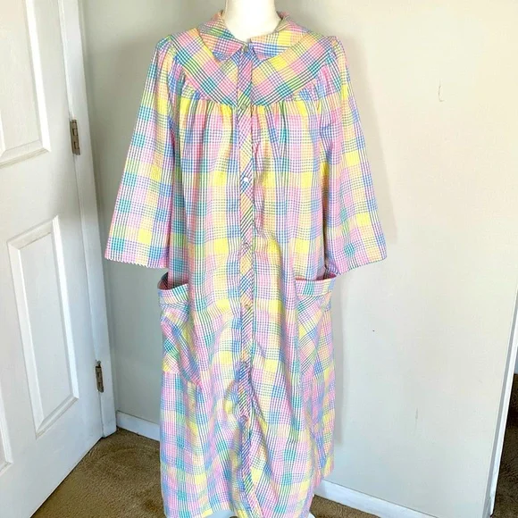 Pastel Plaid Cottagecore Dress Prairie Smock Midi Pockets Vintage Style M - Picture 3 of 9